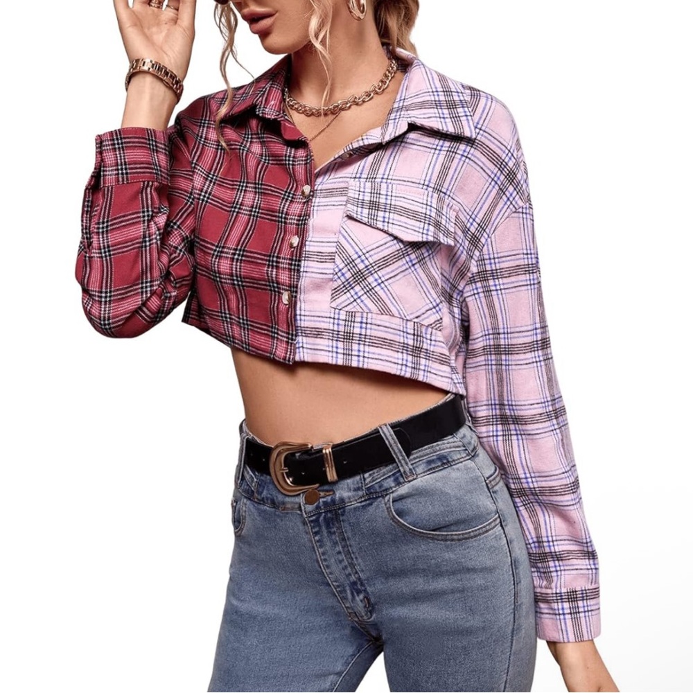 Adika Mixed Plaids Brush Flannel Crop Top